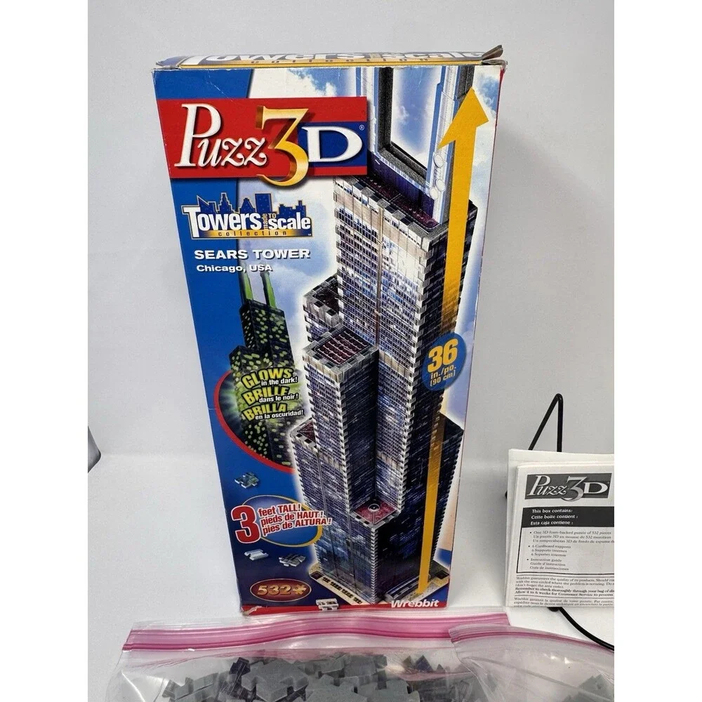 Wrebbit Puzz 3D Sears Tower Chicago 532 Pc Complete w/ Box Manual